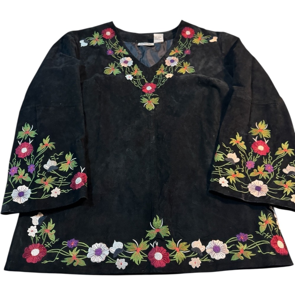 Newport News Jeanology Black Suede Leather Embroidered Floral VTG Women's  Sz 12